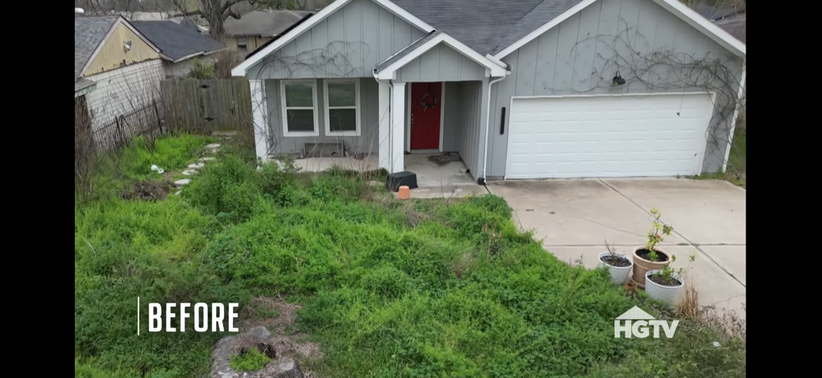 A before shot of a Houston family's home on HGTV's Worst Yard on the Block