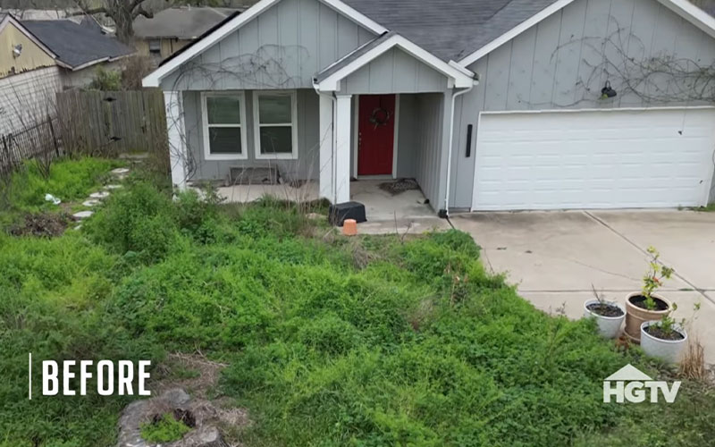 A before shot of a Houston family's home on HGTV's Worst Yard on the Block